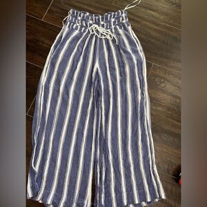 Free People Navy and White Striped Linen blend smocked & Drawstring Waist Pants
